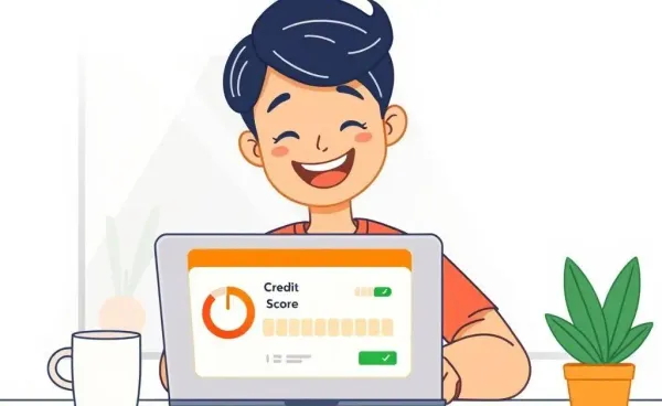 A person happily checking their credit score on a laptop