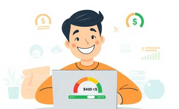 A person smiling while looking at their improved credit score on a laptop screen.
