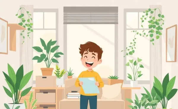 A cheerful person organizing a bright and tidy room