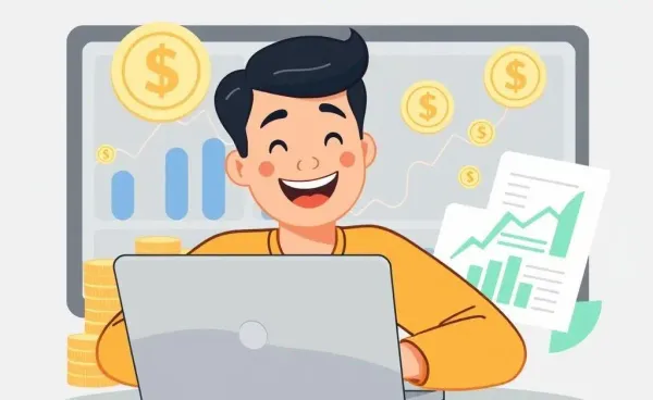 A smiling person looking at their dividend portfolio on a laptop.