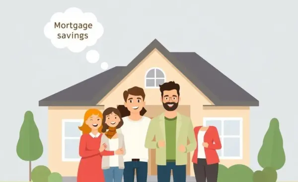 A family standing in front of their new home, thinking about mortgage savings