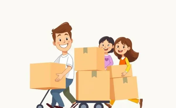 A cartoon illustration of a family happily moving boxes into a new home