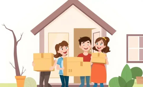A happy family moving boxes into their new home