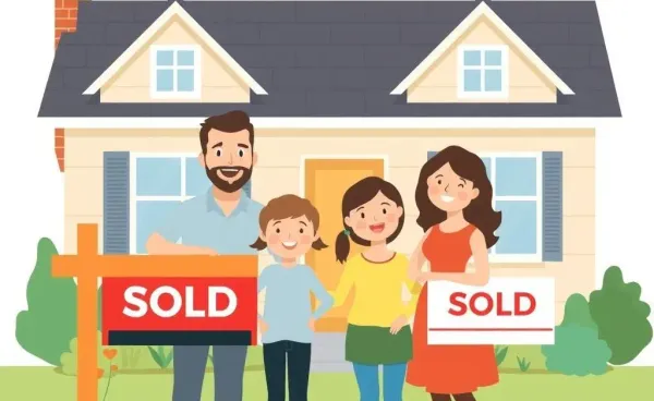 A family celebrating outside their new home with a 'Sold' sign