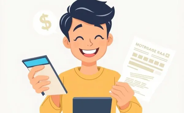 A person happily reviewing finances with a calculator and documents.