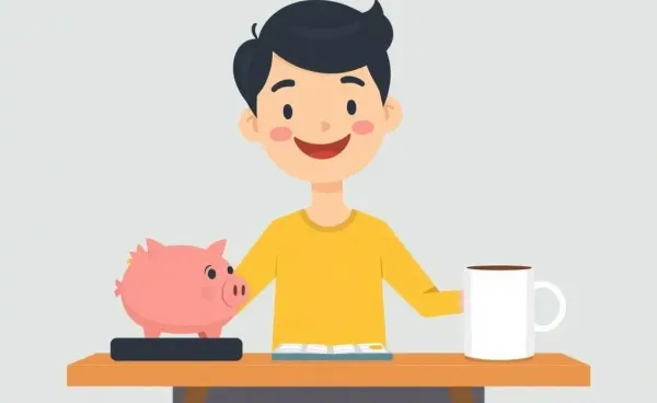 A cartoon image of a person managing finances with a piggy bank, calculator, and coffee.