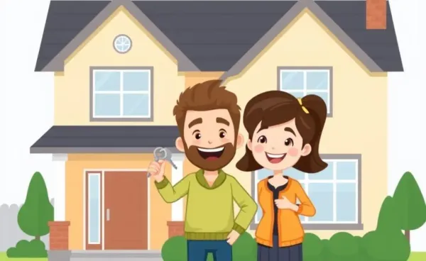 An illustration of a happy homebuyer holding keys in front of a newly purchased house