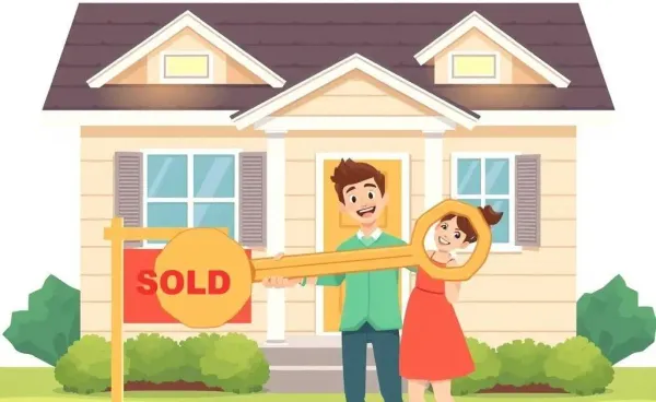 A happy couple standing in front of a new house with a 'Sold' sign and a large key.