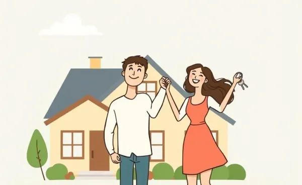 Couple holding keys and smiling in front of their new home