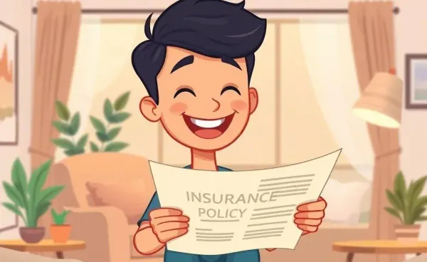 A cartoon illustration of a relieved person in a cozy room reading an insurance policy document.