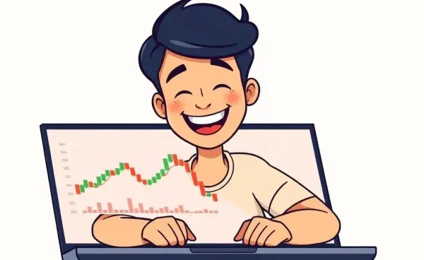 A cartoon drawing of a person happily analyzing a stock chart on a laptop