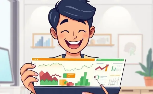 A happy investor looking at a diverse stock portfolio on a tablet
