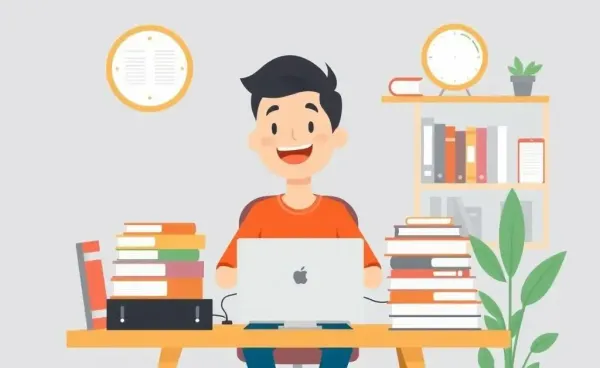 A person at a desk learning a new skill joyfully
