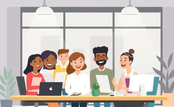 Diverse employees happily working in a modern office setting