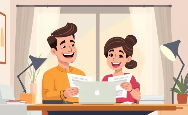 A couple reviewing mortgage documents in a cozy home office