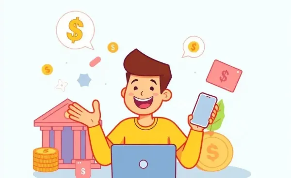 A cartoon of a person enjoying easy online banking