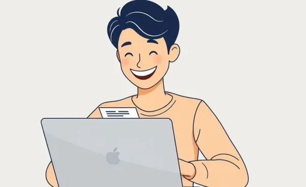 Person happily checking an online purchase receipt on a laptop.
