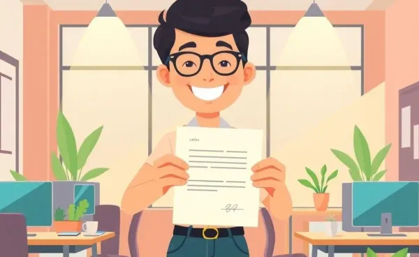 Person smiling while handing over a resignation letter in a bright office
