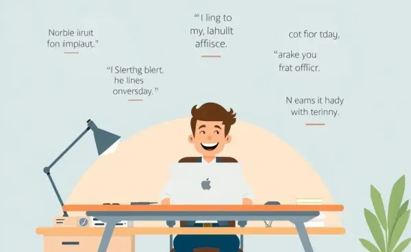 A person happily working at a modern office desk with motivational quotes on the wall