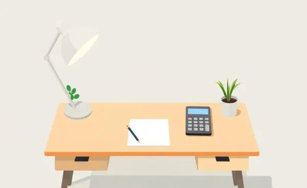 Cozy desk setup with clear notepad and calculator