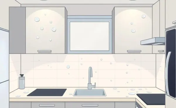 Cartoon of kitchen surfaces showing signs of hard water