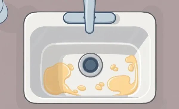 Cartoon-style illustration of a UK kitchen sink with visible hard water stains.