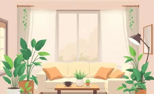A cozy and harmonious living room filled with plants and soft lighting