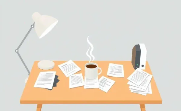 A workspace with health plan documents and a coffee mug