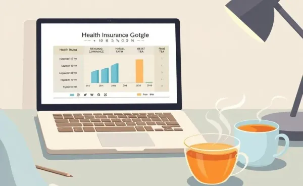 Cozy office desk with laptop and health insurance chart