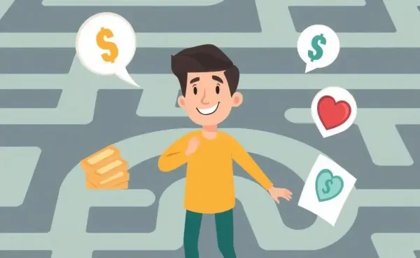 Person navigating a financial maze with health symbols