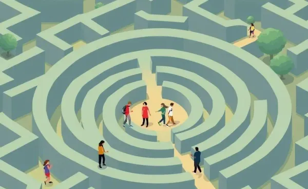 A cartoon maze symbolizing health insurance challenges