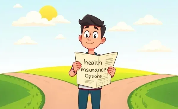 Person at a fork in the road with a health insurance options map