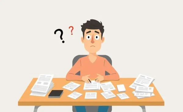 A person looking confused at a desk full of health insurance documents