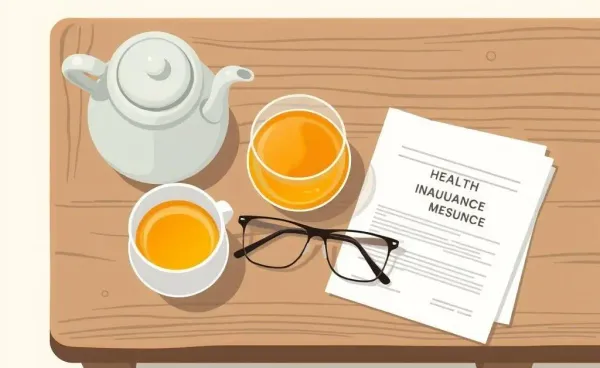 A warm tea break setting with health insurance documents and a pair of glasses.