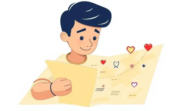 Person looking at a map with health symbols representing coverage options