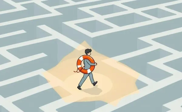 A person calmly navigating a maze with a lifebuoy