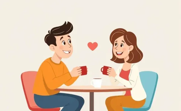 An illustration of two people having a heartfelt conversation over coffee.