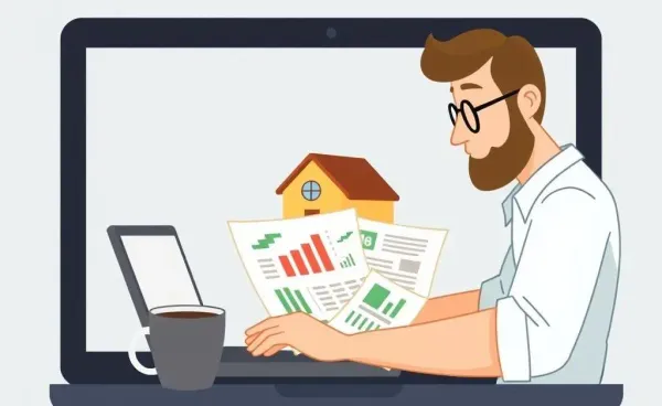 Cartoon of a person planning real estate investments using a laptop