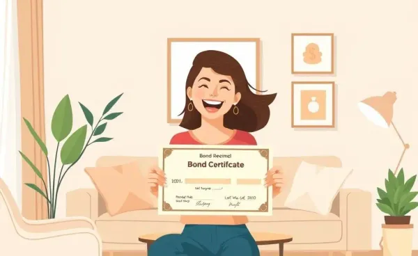 A woman holding a redeemed bond certificate in her living room