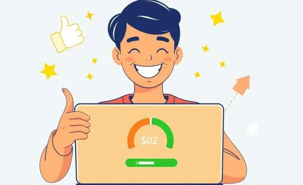 Person delighted by a high credit score on their laptop