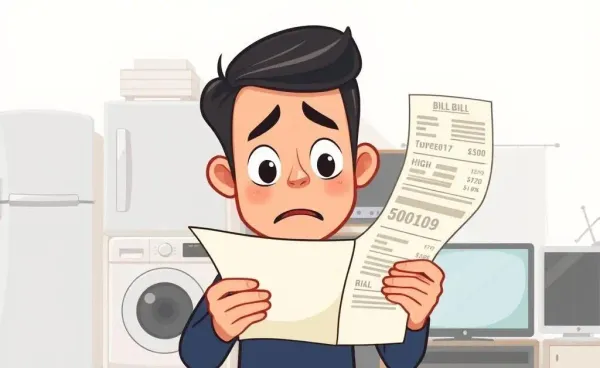 Person puzzled by high electricity bill with appliances in background