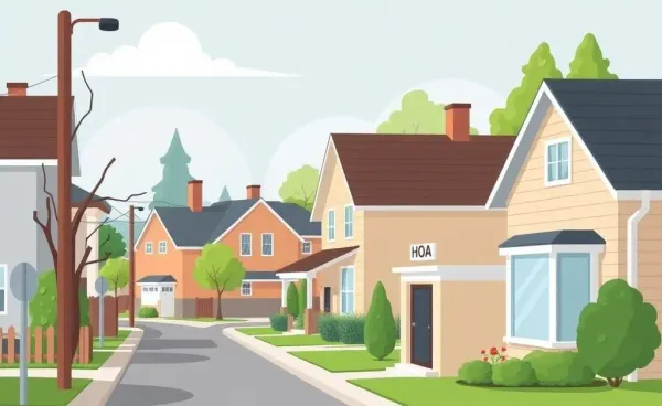 Illustration of a neighborhood street with an HOA office.