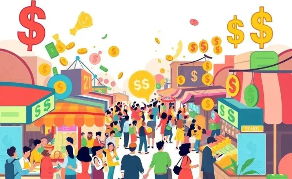 Illustration of a vibrant market with symbols of finance and trading