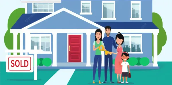 A family excitedly standing in front of their newly purchased home
