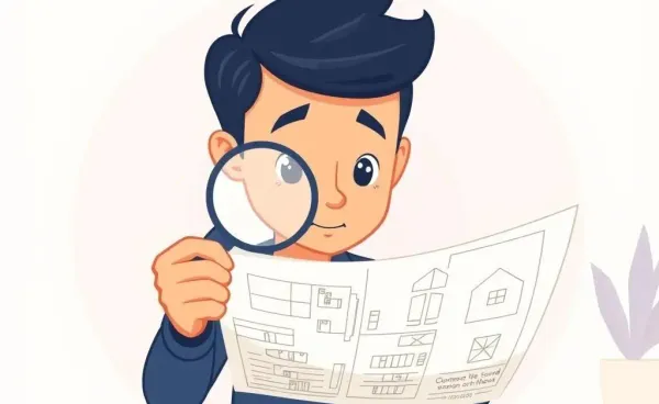 Illustration of person inspecting a house plan with a magnifying glass