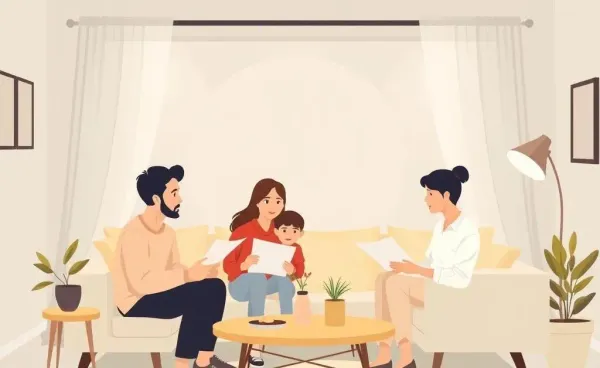 Family discussing home plans in a cozy living room.