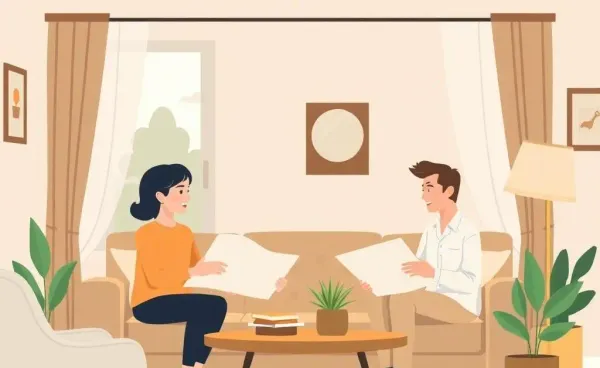 A couple discussing home buying plans with an agent in a cozy living room