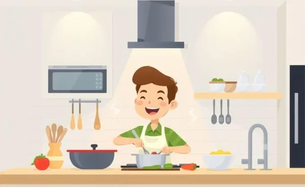 A person happily cooking in a modern kitchen