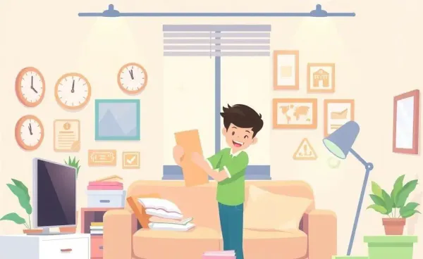 Person organizing their home efficiently, surrounded by daily routine icons