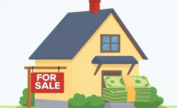 Cartoon illustration of a house for sale with a stack of money